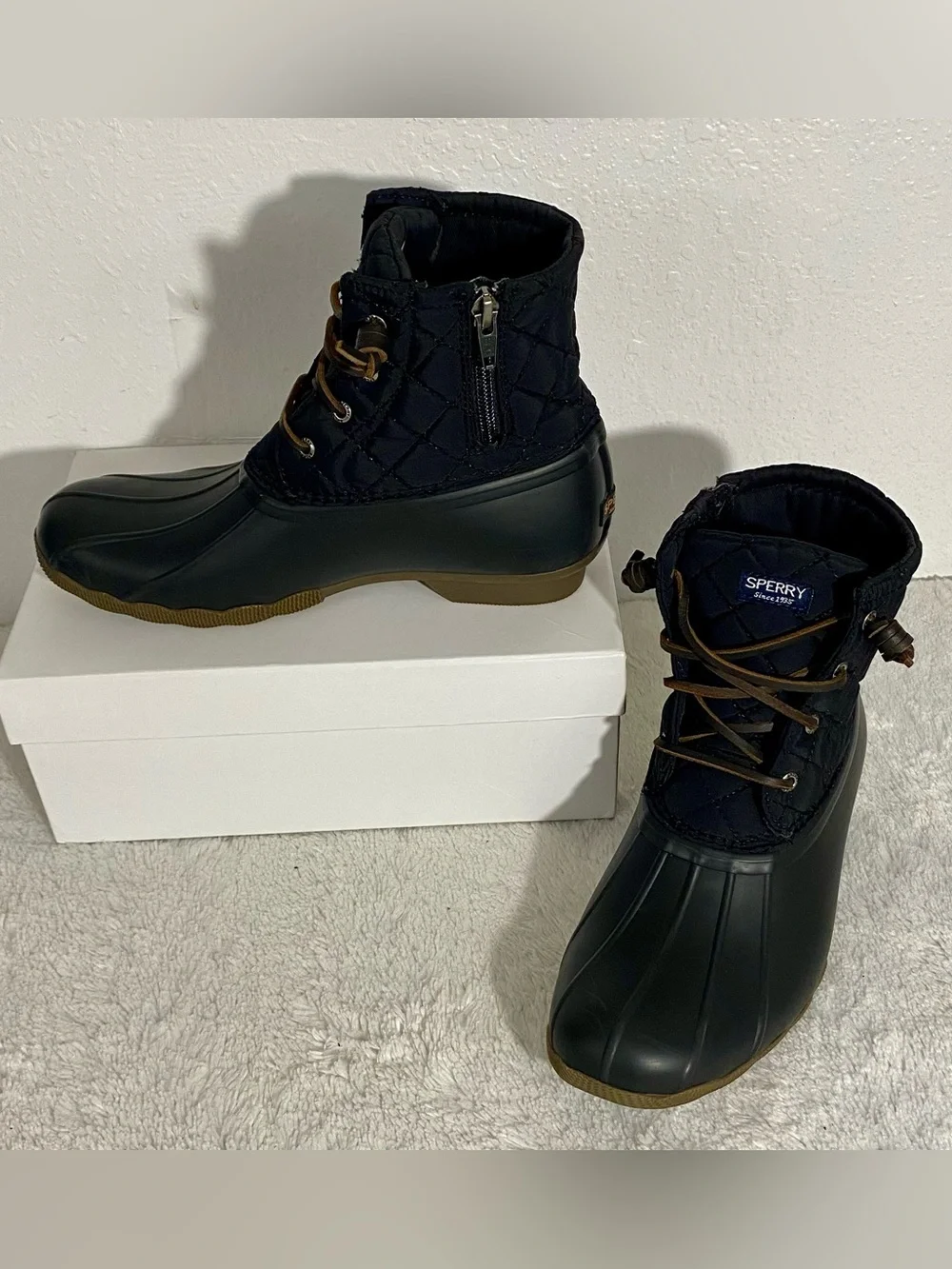 Sperry Black Saltwater Quilted Duck Boots Big Girls Size 6 Side Zip